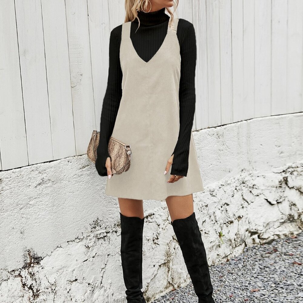 Apricot Casual Women's Corduroy Solid Overall Dress Without Sweater